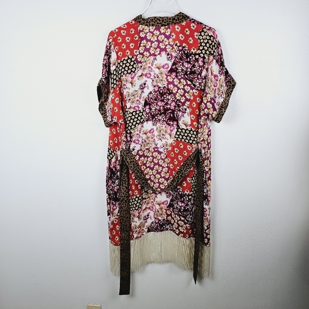 Oddy Mixed Media Patchwork Floral Leopard Print Fringe Kimono, size S/M - Picture 2 of 12